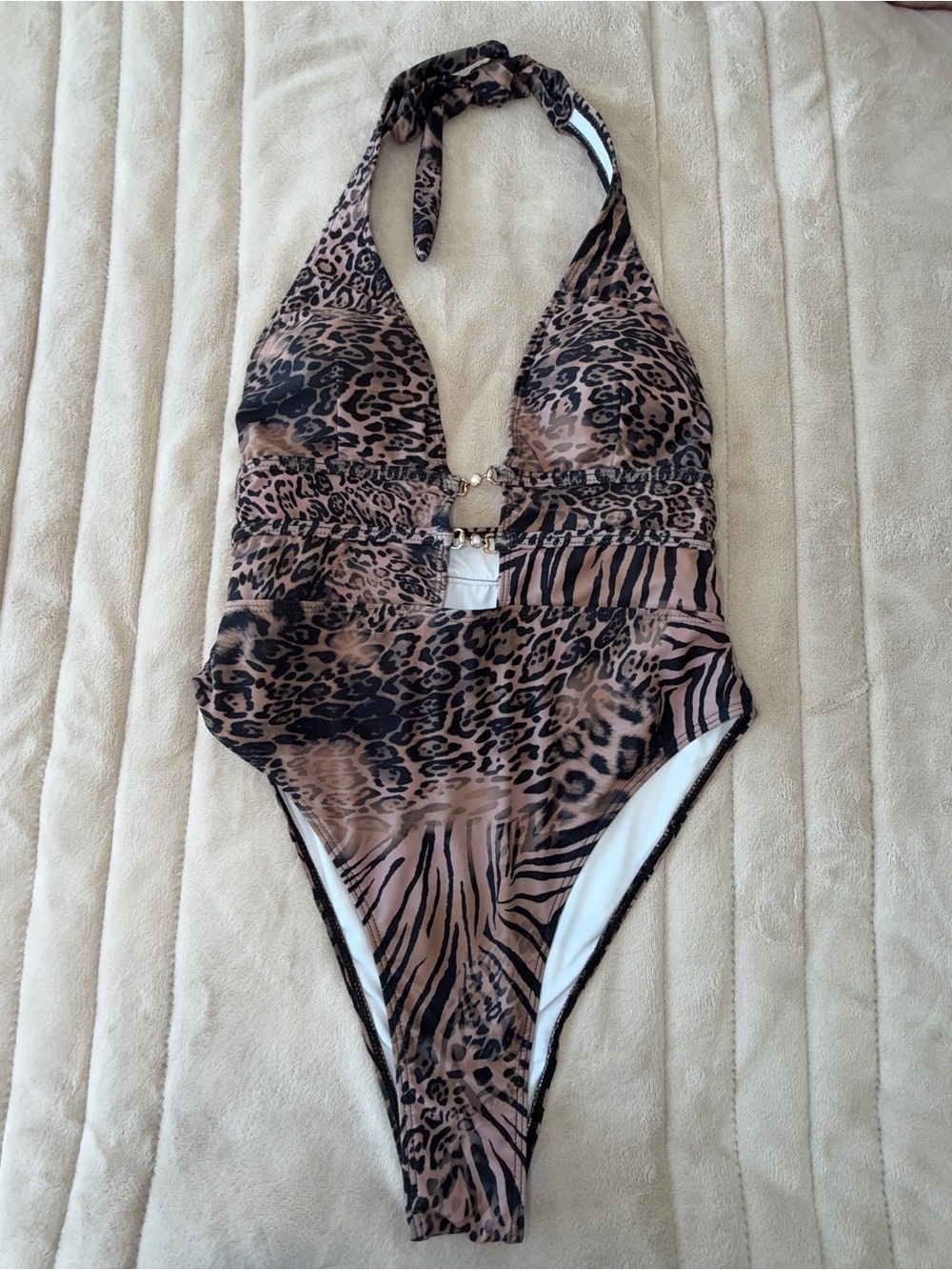 Animal Print Leopard Zebra Halter One Piece Swimsuit Cutout Gold Detail